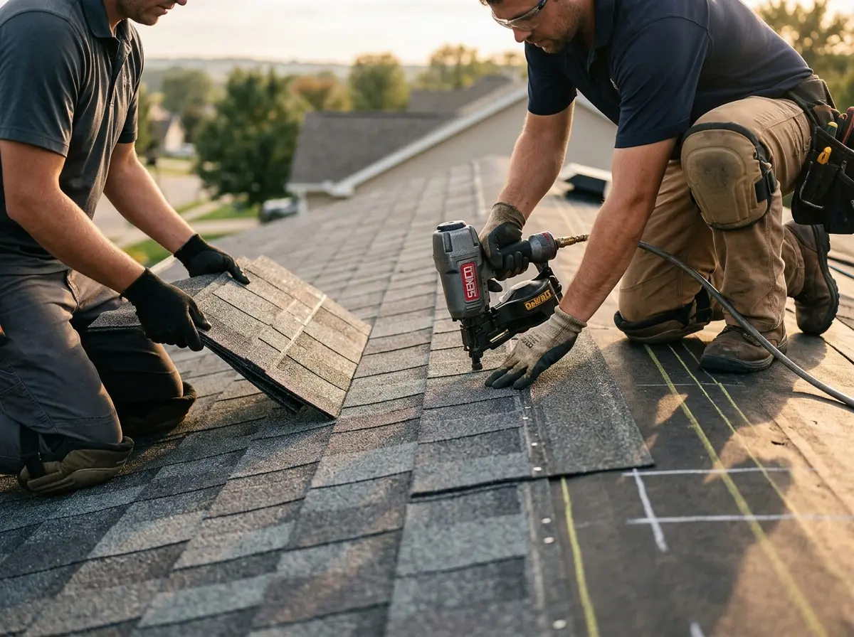 Professional roofer working on a residential roof in Griswold